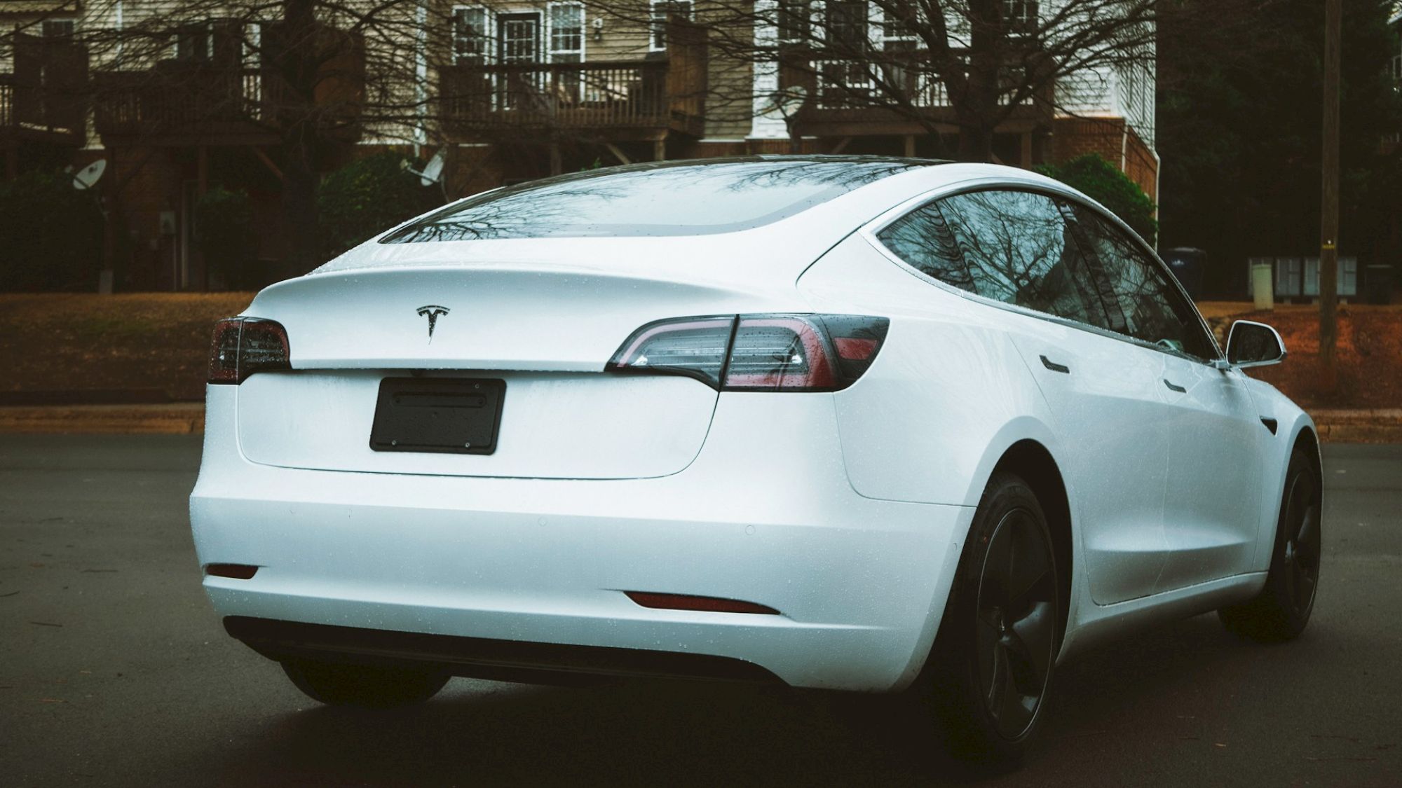 A white Tesla sedan parked on a street, rear view, with a dark license plate and houses in the background.